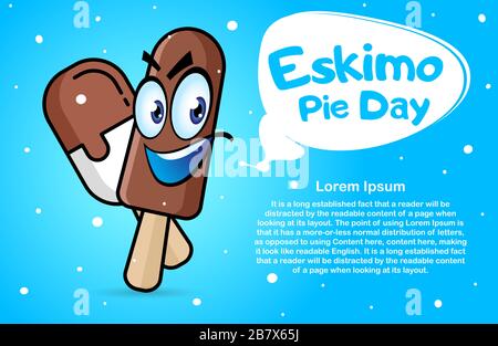 Fumetto su sfondo blu. Giornata Internazionale di Eskimo Pie, 24 gennaio. Banner con posto per testo, volantino, cartolina. Vacanza per bambini. Illustrazione Vettoriale