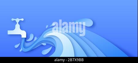 Rubinetto aperto con flusso d'acqua del rubinetto in stile moderno di taglio della carta. Illustrazione di un mestiere 3D papercut per un concetto pulito o una campagna di aiuto ambientale. Illustrazione Vettoriale