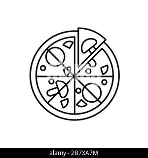 Semplice contorno pizza vettore icona. Icona del cibo. Pizza con pomodori, funghi, salsiccia e una fetta separata icona lineare Illustrazione Vettoriale