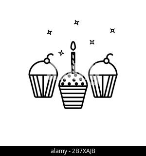 Contorno semplice torta di compleanno con un'icona a forma di candela vettoriale. Torta di muffin icona di pasticceria isolata su bianco. Illustrazione Vettoriale