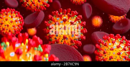 Coronavirus COVID-19 in flusso sanguigno con cellule ematiche. Rendering 3D del romanzo coronavirus 2019-nCov. Ricostruzione macro realistica. Foto Stock