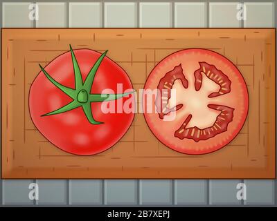 Pomodori freschi, tagliati e interi, su un tagliere di legno, preparando il cibo in cucina Foto Stock