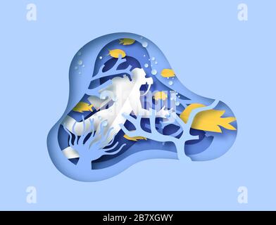Immagine tagliata di carta della barriera corallina subacquea con pesci tropicali esotici e subacqueo uomo. Vita marina scena, sotto l'acqua animali in moderno 3d origam Illustrazione Vettoriale