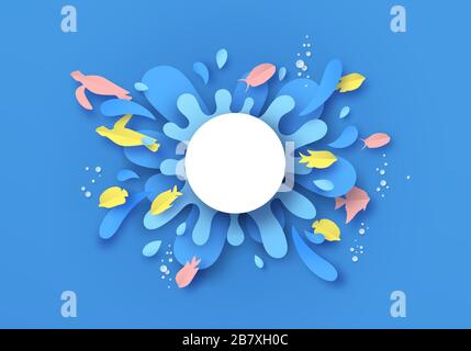 Modello cornice spazio copia spruzzi d'acqua con pesce papercut colorato e tartaruga su sfondo blu. Decorazione di vita marina in un moderno ritaglio di origami 3d Illustrazione Vettoriale