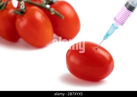 Concetto di alimenti e prodotti chimici OGM in ortaggi. Iniezione siringa di pomodoro maturo Foto Stock