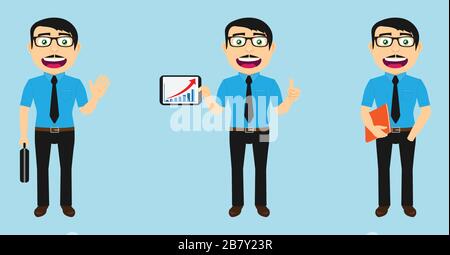 Set di tre uomini d'affari sorridenti, senza indossare una giacca e con accessori come valigia, tablet e piegatrice. Illustrazione Vettoriale