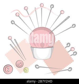 Kit per cucire e cucire - letto ad aghi rosa, bottoni e lisci. Il sartoring è un hobby. Disegno vettoriale su sfondo bianco. Illustrazione Vettoriale