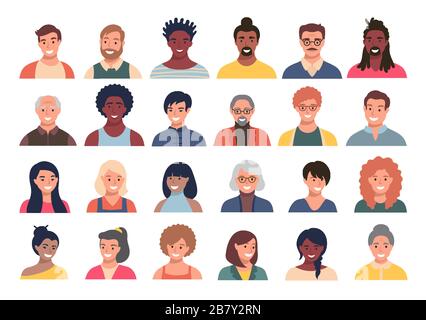 Set di persone, avatar, teste di persone di etnia e età diverse in stile piatto. Multi nazionalità social network persone facce raccolta. Illustrazione Vettoriale