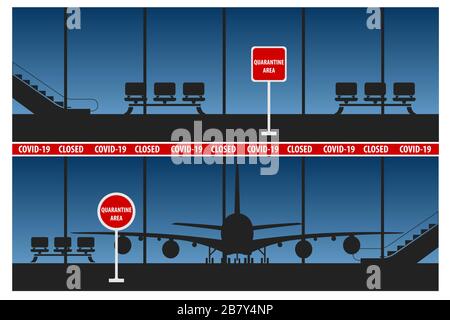 Area di quarantena, arrestare il concetto di progetto di epidemia di coronavirus. Aeroporto, posti pubblici chiusi. Illustrazione vettoriale Illustrazione Vettoriale