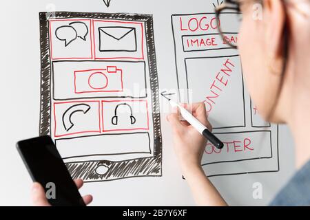 Donne website designer progettazione creativa applicazione sviluppo disegno modello layout struttura wireframe design studio . Concetto di esperienza utente Foto Stock