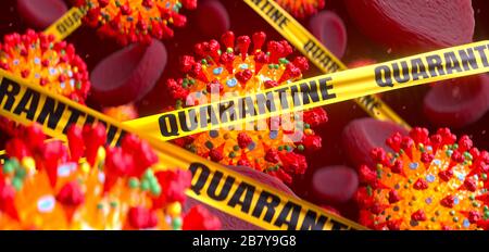 Concetto di quarantena per coronavirus COVID-19. Cellule del virus 2019-nCov in flusso sanguigno con nastri di quarantena. rendering 3d. Foto Stock