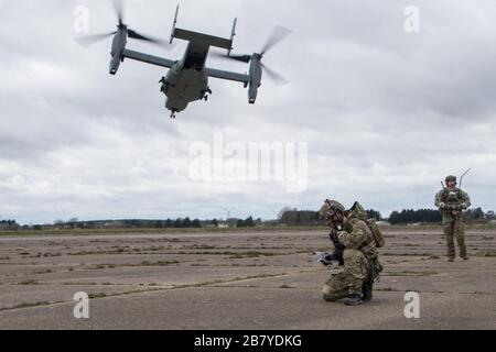 Operatori di tattiche speciali con la 352a Special Operations Wing controllano lo spazio aereo come un CV-22B Osprey tilt-rotator aerei decollano dalla zona di atterraggio durante l'esercizio Valiant Liberty alla RAF Sculthorpe Training Range, Regno Unito, 10 marzo 2020. La tattica speciale è la forza tattica di integrazione aerea e di terra del comando delle operazioni speciali degli Stati Uniti e l'unica forza di terra delle operazioni speciali dell'Air Force, che consente l'accesso globale, lo sciopero di precisione, il recupero del personale e le operazioni di chirurgia sul campo di battaglia sul campo di battaglia. Valiant Liberty è un'agile attività di lotta contro l'occupazione che consente agli Stati Uniti e alleati Foto Stock