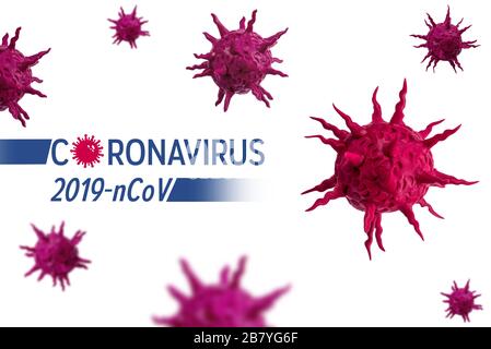 Concetto di coronavirus COVID-19. Modello di plastilina di rischio biologico di pandemia del coronavirus che vola a mezz'aria. Il pericolo è venuto da Wuhan, Cina. Foto Stock