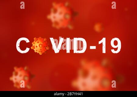 COVID-19 coronavirus sotto microscopio, illustrazione 3d. Epidemia globale mortale del virus della corona SARS-cov-2. Banner rosso con tema malattia COVID. Coronavir Foto Stock