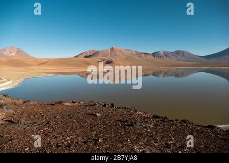 Riflessioni nel paesaggio del lago di Lejía, San Pedro de Atacama, Cile Foto Stock