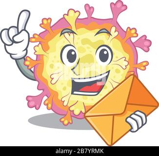 Cute faccia corona viridae virus mascotte design con busta Illustrazione Vettoriale