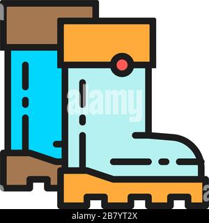 Stivali in gomma, stivali da gomma, calzature con linea di colore piatta icona. Illustrazione Vettoriale