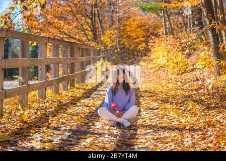 Donna che si gode i bellissimi colori di autunno a Kancamagus Hwy nel New Hampshire USA Foto Stock