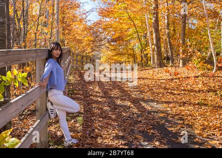 Donna che si gode i bellissimi colori di autunno a Kancamagus Hwy nel New Hampshire USA Foto Stock