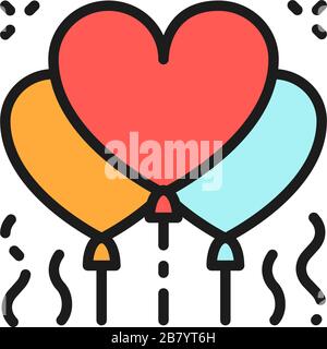 Palloncini a forma di cuore, icona a linea di colore piatta confetti. Illustrazione Vettoriale
