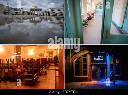 Berlino, Germania. 19 Mar 2020. La combinazione di foto in quattro parti (dal 13.03. Al 16.03.) mostra la Pariser Platz vuota con la porta di Brandeburgo (l/top), un corridoio vuoto in una scuola di Friedenau (r/top), un ristorante italiano vuoto (l/bottom) e il Club Matrix chiuso. Scuole chiuse, pub chiusi e buoni consigli: Evitare contatti sociali. La pandemia del coronavirus sta scuotendo la vita pubblica e privata ogni giorno. (A 'Coronavirus come stress test: Il contratto intergenerazionale tiene?') Credit: Zinken/Nietfeld/Kappeler/dpa/Alamy Live News Foto Stock