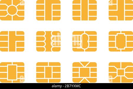 Set icone chip EMV. Chip NFC per la sicurezza della carta di credito. Simbolo di pagamento bancario digitale. Illustrazione Vettoriale