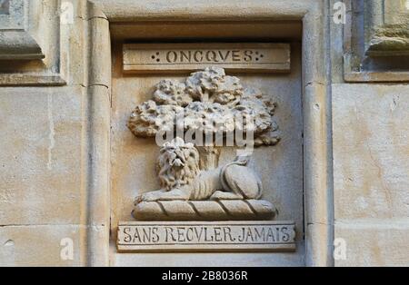 crest o scudo di Hannah Brackenbury vicino al cancello anteriore del Balliol College Oxford in Broad Street era un benefattore del college Foto Stock