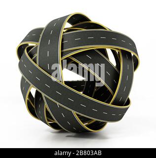 Strade aggrovigliate che formano una sfera. Illustrazione 3D. Foto Stock