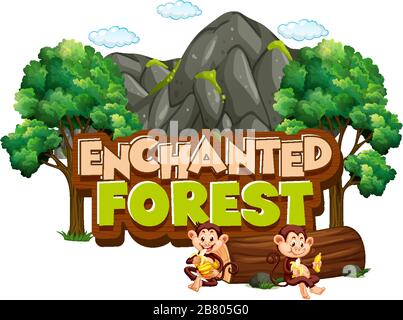 Font design per parola foresta incantata con scimmie nell'illustrazione della foresta Illustrazione Vettoriale