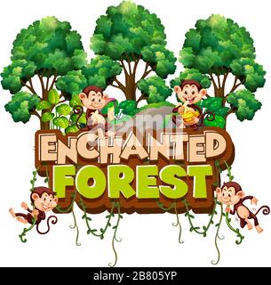 Font design per parola foresta incantata con scimmie in illustrazione foresta Illustrazione Vettoriale