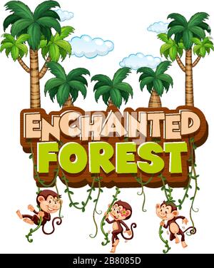 Font design per parola foresta incantata con scimmie in illustrazione foresta Illustrazione Vettoriale