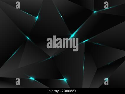 Schema poligonale nero astratto con linee di luce laser blu su sfondo scuro stile tecnologico. Forme geometriche a bassa sfumatura poligonale. Illustrazione vettore Illustrazione Vettoriale