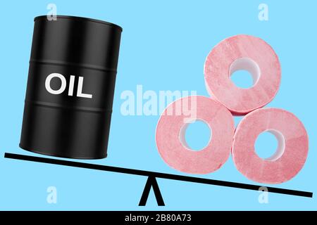 Barile d'olio e carta igienica su bilance, tamburo dell'olio e bilanciamento del rotolo di barile, concetto di caduta del prezzo dell'olio, banner barile a basso costo, illustrazione della caduta del valore del carburante Foto Stock