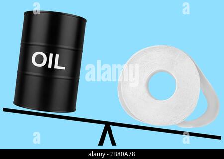 Barile d'olio e carta igienica su bilance, tamburo dell'olio e bilanciamento del rotolo di barile, concetto di caduta del prezzo dell'olio, banner barile a basso costo, illustrazione della caduta del valore del carburante Foto Stock