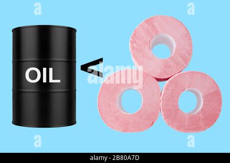 Confronta i prezzi del barile di petrolio e della carta igienica, abbina il costo del tamburo di petrolio e del rotolo di torbiera, il concetto di caduta del prezzo di petrolio, barile banner a basso tasso, calo del valore di carburante Foto Stock