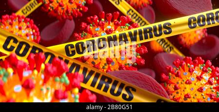 Coronavirus COVID-19 influenza sotto il microscopio. Focolaio di influenza e coronavirus concetto di minaccia di influenza. Cellule ematiche e virus con rendering 3d Danger Tape. Foto Stock