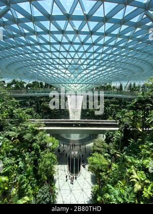 Singapore - 13 Feb 20120. Il Rain Vortex, una cascata interna alta 40 metri situata all'interno del gioiello dell'Aeroporto Changi di Singapore. Foto Stock