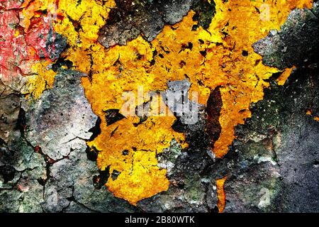 Superficie con colore grigio e giallo su una struttura superficiale incrinata sulla quale la vernice si sbucce. Per sfondi astratti. Germania Foto Stock