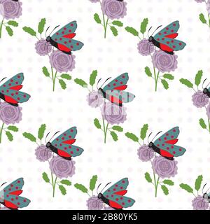 Sei spot burnett farfalla senza giunture modello di sfondo vettoriale. Illustrazione della festa di volo con mazzo di fiori scabiosi. Insetti scozzesi Illustrazione Vettoriale
