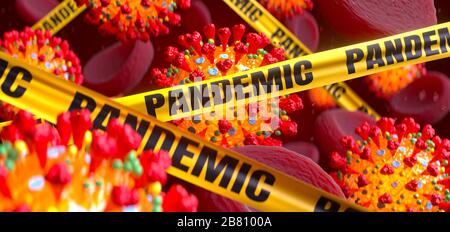 Concetto contagioso di rischio per la salute pubblica per la pandemia di coronavirus. Macro virus COVID-19 e cellule ematiche con nastri di pericolo pandemico. rendering 3d. Foto Stock