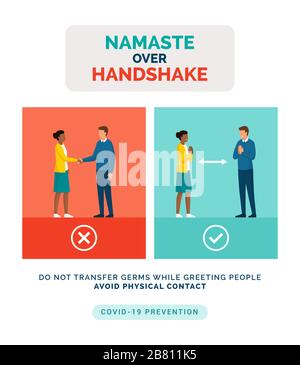 Come salutare in modo sicuro senza toccare l'altra persona e prevenire la diffusione dei germi: namaste saluto sopra stretta di mano, incoronavirus covid-19 prevenzione Illustrazione Vettoriale