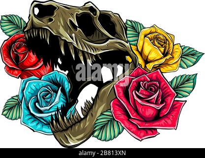 Tyrannosaurus cranio con rose disegno vettoriale Tattoo Illustrazione Vettoriale