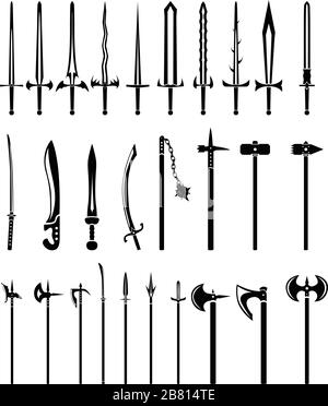 Illustrazione delle icone delle armi a corpo, realistiche e fantastiche, solo nere, forme isolate e raggruppate per arma. Illustrazione Vettoriale