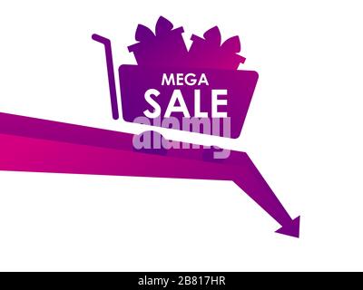 Mega vendita, banner con carrello e scatole regalo. Calo dei prezzi, grandi sconti, vendita. Illustrazione vettoriale Illustrazione Vettoriale