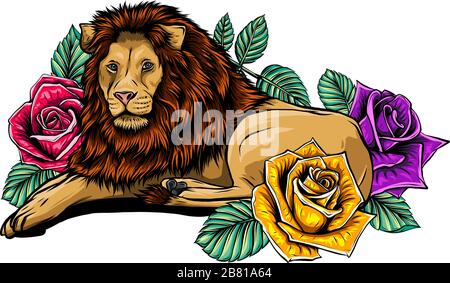 Leone con rose e foglie illustrazione. Leoni africani testa. Illustrazione del profilo vettoriale. Stampa Lion. Illustrazione Vettoriale