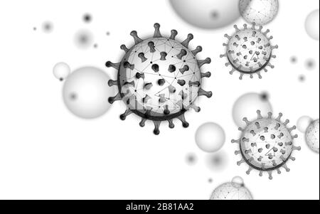 Rendering in poly basso virus 3D al microscopio. Analisi di laboratorio infezione virus influenza polmonite. Moderna tecnologia della medicina vettore Illustrazione Vettoriale