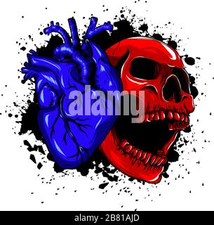 disegnata cranio cartone animato con cuori, amore testa cranio Illustrazione Vettoriale