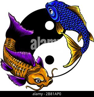 Yin yang simbolo di armonia ed equilibrio con il pesce koi. Illustrazione Vettoriale