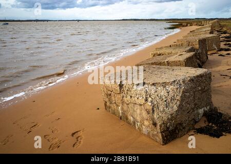 Blocchi di cemento anti-invasione accanto al fiume Deben, Bawdsey Ferry, Suffolk, Regno Unito. Foto Stock