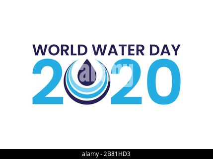 Simbolo del logo World Water Day 2020, acqua e cambiamenti climatici. Design vettoriale piatto. Illustrazione Vettoriale